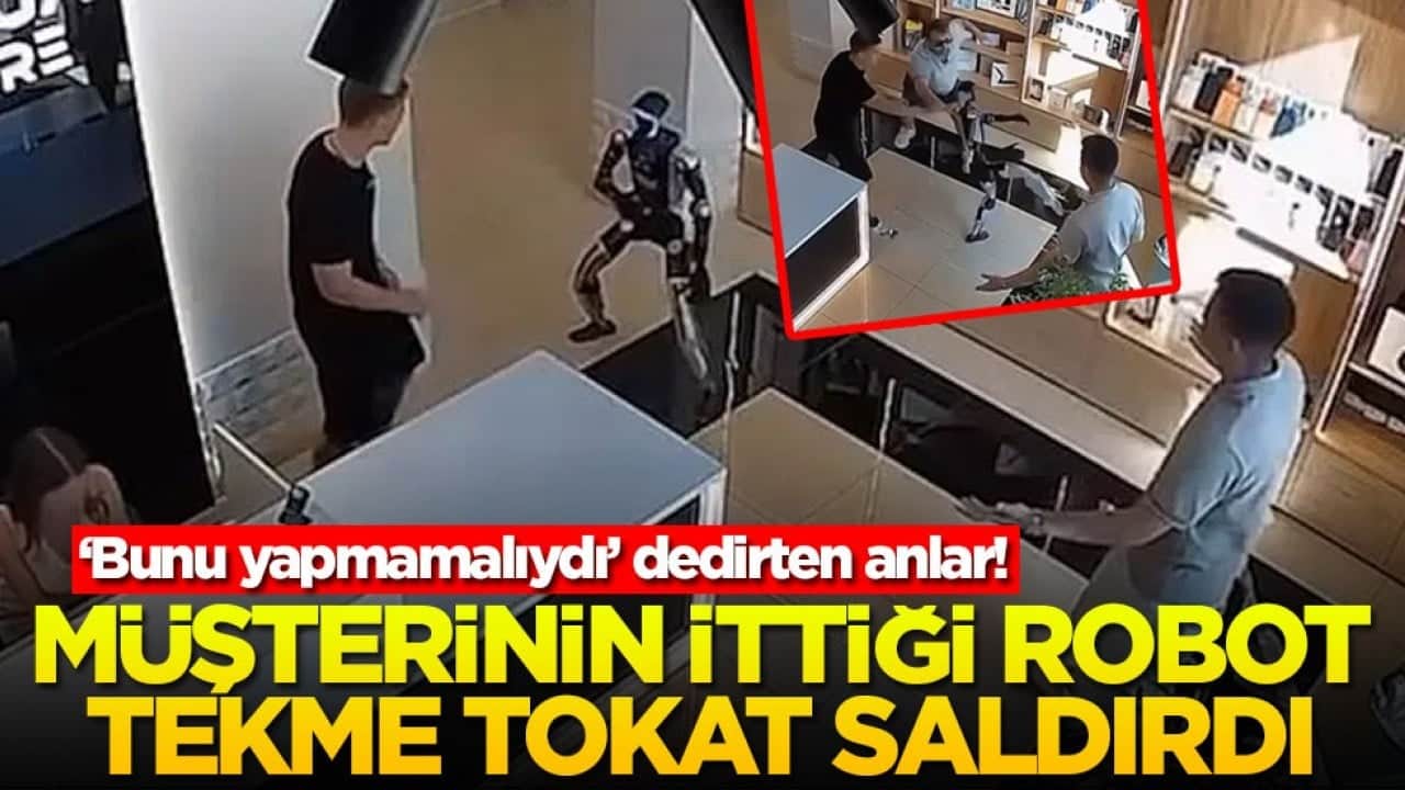 ‘Bunu yapmamalıydı’ dedirten anlar! Müşterinin ittiği robot tekme tokat saldırdı