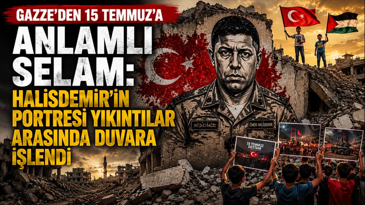 Gazze'den 15 Temmuz'a anlamlı selam: Halisdemir'in portresi yıkıntılar arasında duvara işlendi