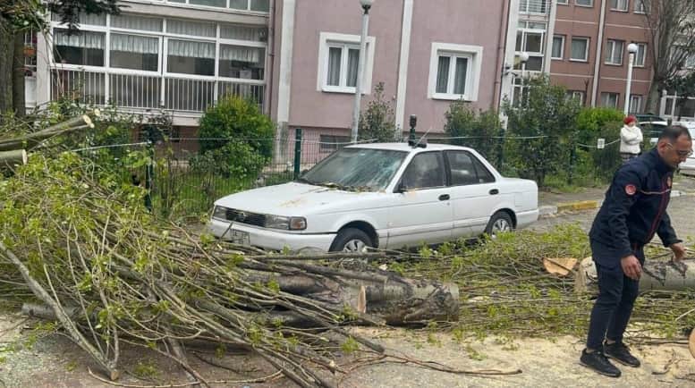 Beylikdüzü’nde fırtına dehşeti: Dev ağaç otomobilin üzerine böyle devrildi!