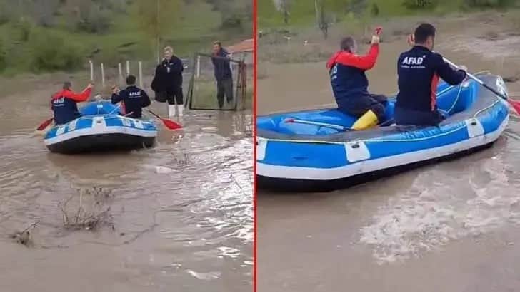 Tokat'ta su basan evlerinde mahsur kalanları AFAD botla kurtardı