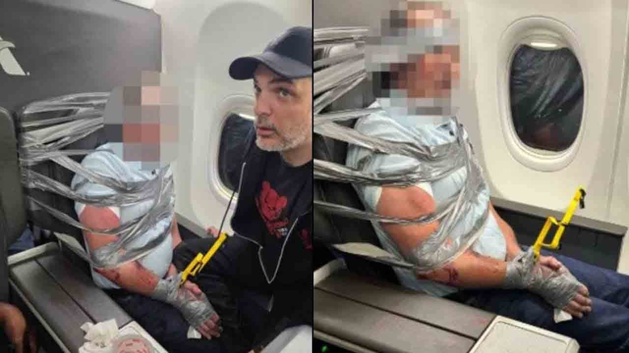 Uçakta saldırgan dehşeti: Koli bandıyla koltuğa bağladılar!