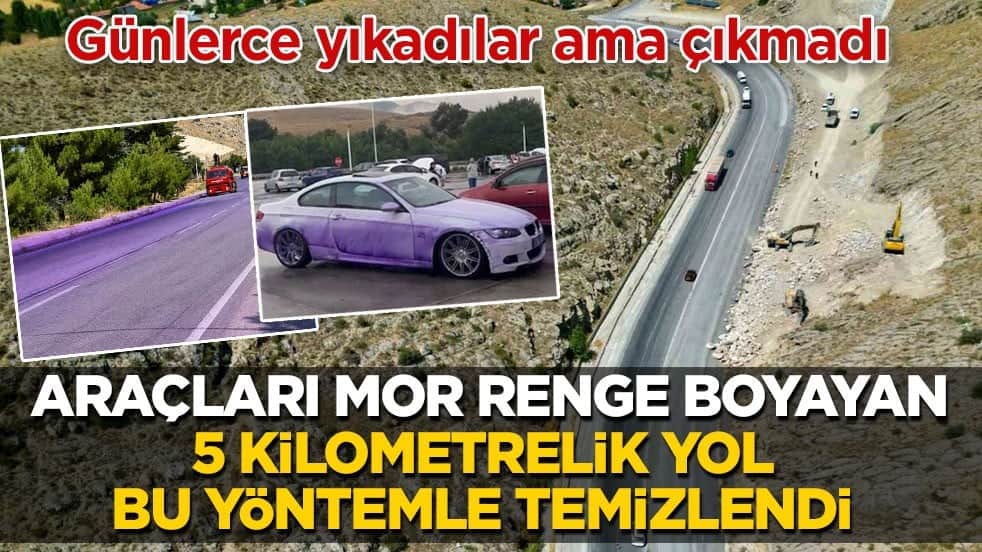Günlerce yıkadılar ama çıkmadı! Araçları mor renge boyayan 5 kilometrelik yol bu yöntemle temizlendi
