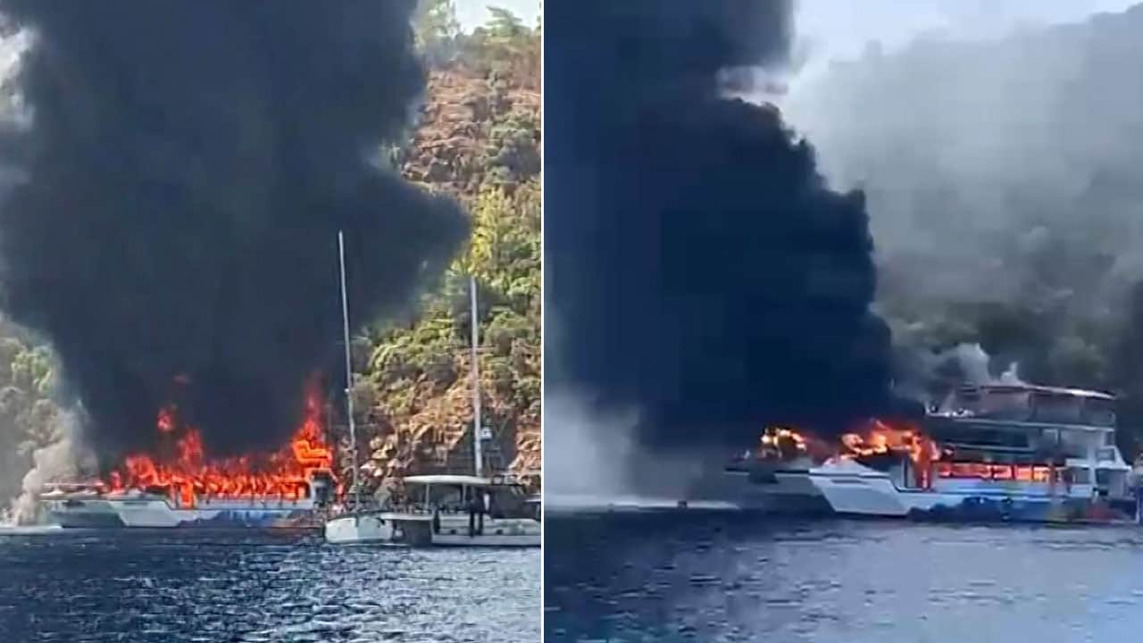 Foto - Fethiye'de facianın eşiğinden dönüldü: Gezi teknesi yandı, 115 kişi denize atlayarak kurtuldu