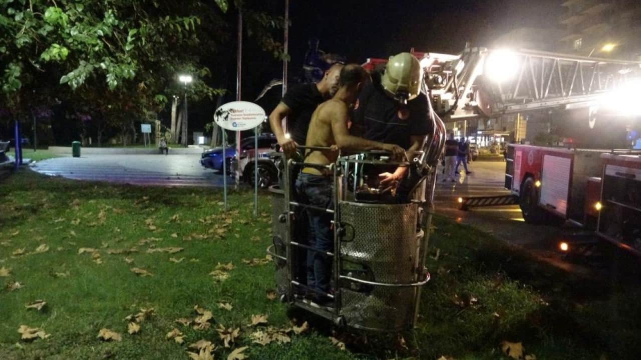 Foto - Yerde bunalıp çıktığı ağaçta sıcak vurunca suyla ikna ettiler