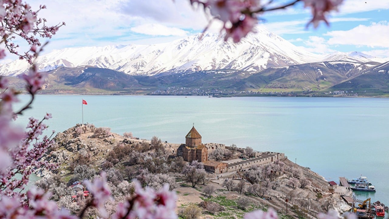 Akdamar Adası renklendi Kar ve badem çiçeklerinin buluşması