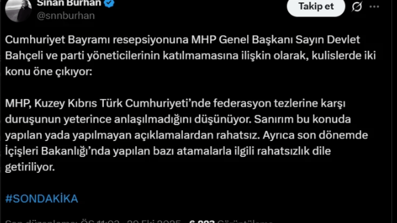 Foto - Bahçeli 29 Ekim resepsiyonuna katılmadı! Sinan Burhan 'bundan rahatsız' diyerek açıkladı