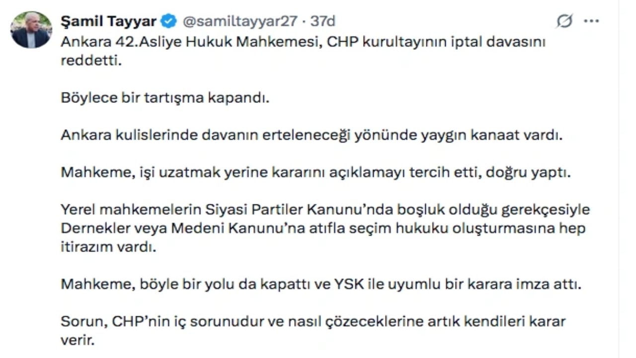 Foto - CHP’nin kurultay davası düştü, AK Parti cephesinden ilk açıklama geldi! Şamil Tayyar’dan, beklenmedik çıkış