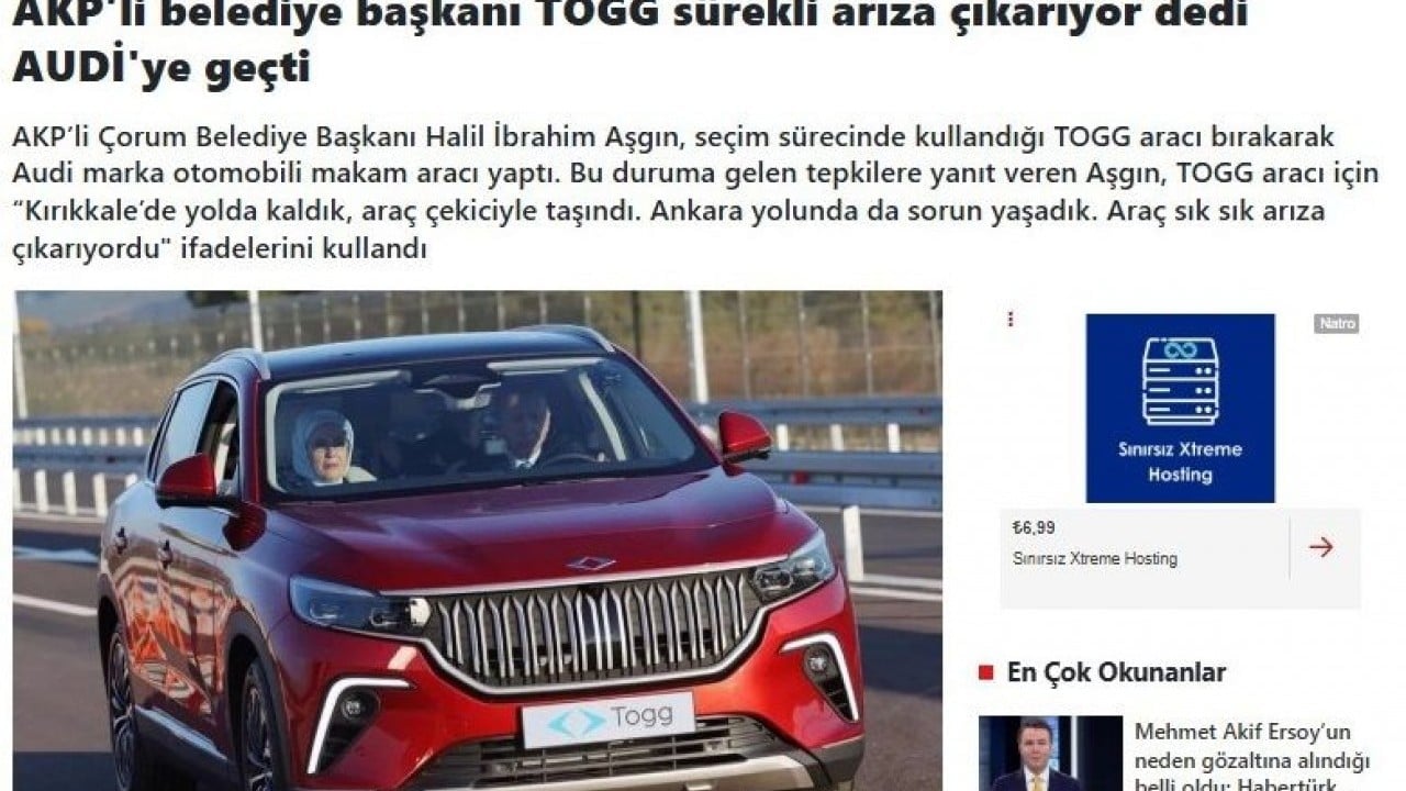 Foto - Çorum Belediyesi’nden 'TOGG Yolda Kaldı' iddialarına sert yanıt: Gerçek dışı iddialarla TOGG markamızın karalanmasına izin vermeyiz