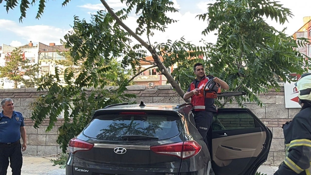 Foto - Kayseri’de otoparkta korkutan olay! Devrilen dev ağaç lüks aracın üzerine çöktü!