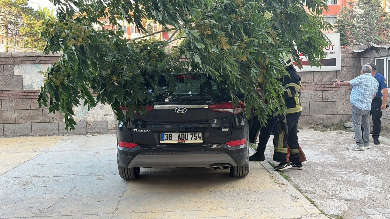 Foto - Kayseri’de otoparkta korkutan olay! Devrilen dev ağaç lüks aracın üzerine çöktü!