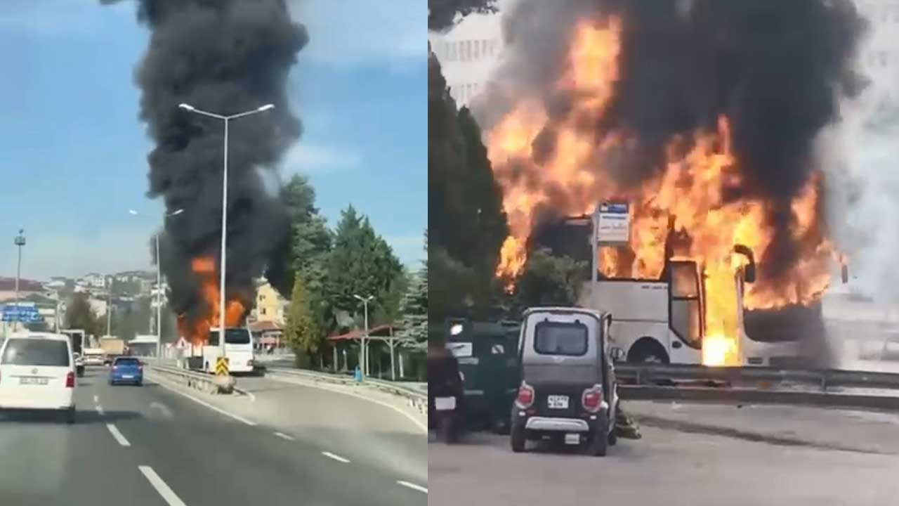 Foto - Korku dolu anlar! Yolcu otobüsü alev aldı