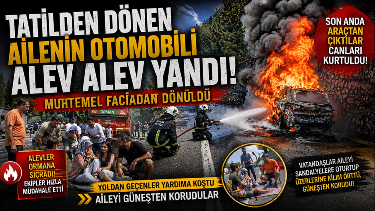Tatilden dönen ailenin otomobili alev alev yandı muhtemel faciadan dönüldü