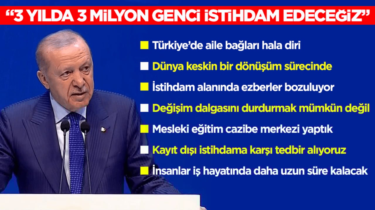 Cumhurbaşkanı Erdoğan’dan flaş açıklama: 3 yılda 3 milyon genci istihdam edeceğiz