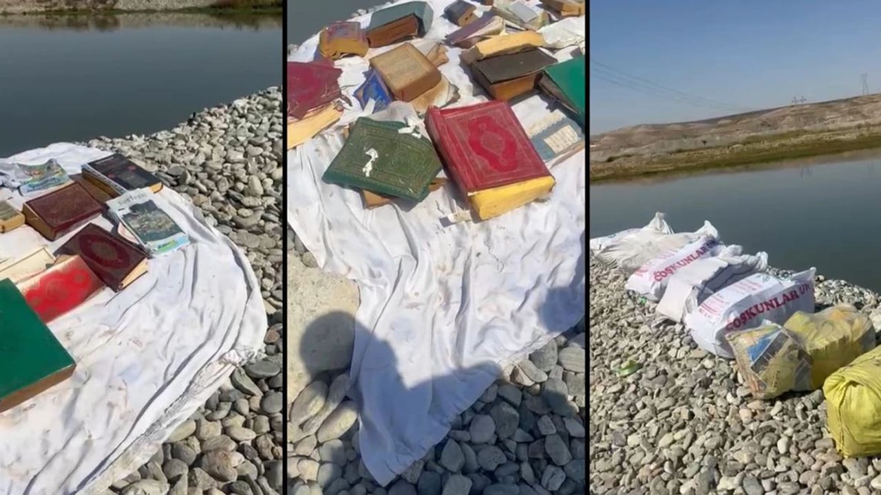 Nehir kenarında 8 çuval Kur'an-ı Kerim bulundu