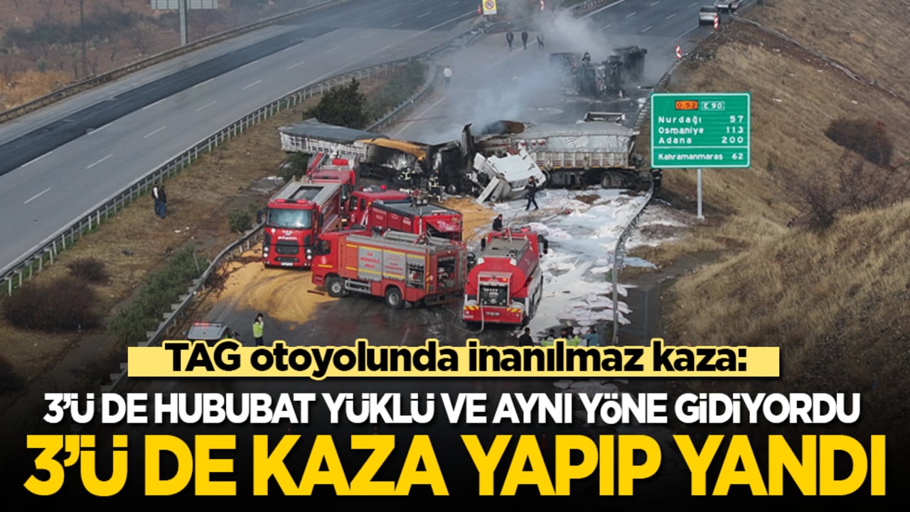 TAG otoyolunda inanılmaz kaza: Aynı yöne giden hububat yüklü 3 tır, birbiriyle çarpışıp yandı