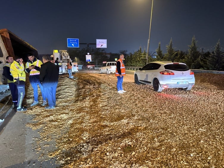 Kocaeli'de yonga yüklü tır devrildi