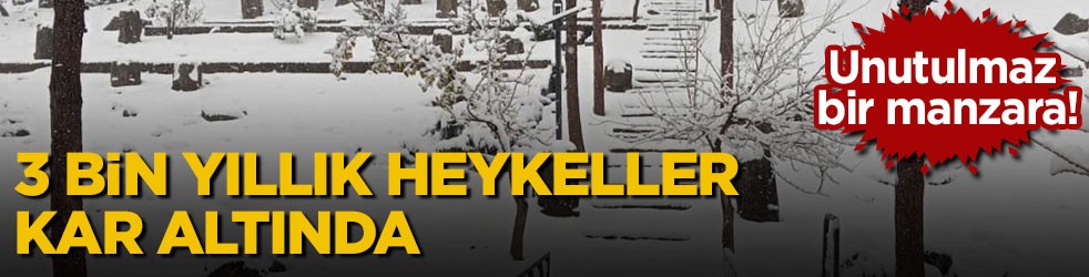 Unutulmaz bir manzara! 3 bin yıllık heykeller kar altında