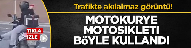 Trafikte akılalmaz g&ouml;r&uuml;nt&uuml;! Motokurye motosikleti b&ouml;yle kullandı