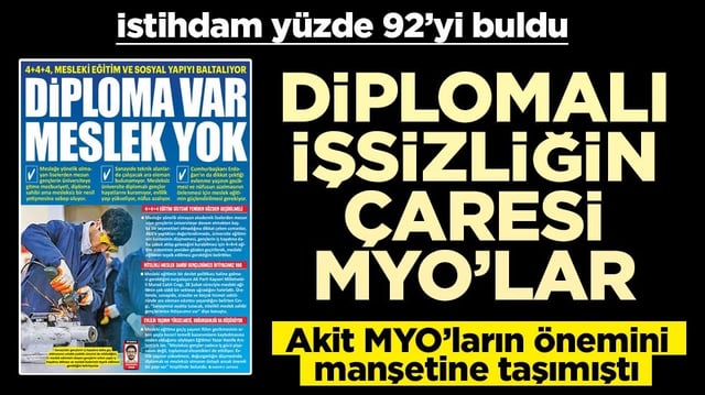 Diplomalı işsizliğin &ccedil;aresi MYO'lar: İstihdam y&uuml;zde 92'yi buldu... Akit MYO'ların &ouml;nemini manşete taşımıştı