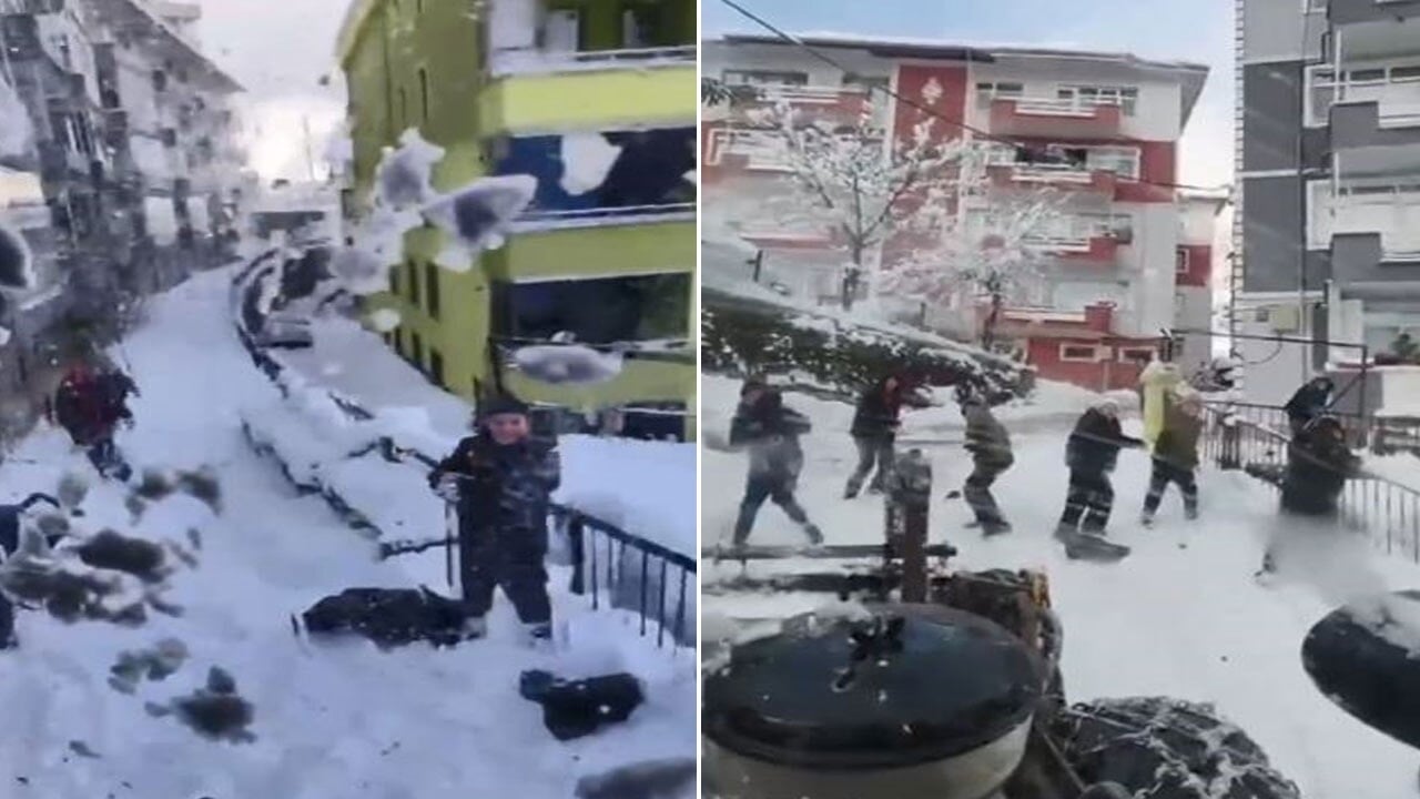 Kaydıkları sokağın temizlenmesini istemeyen çocuklar, iş makinesine kartopu yağdırdı