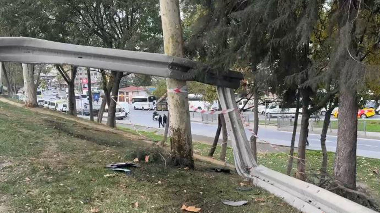 Otomobil bariyerleri aşıp ağaçlık alana uçtu