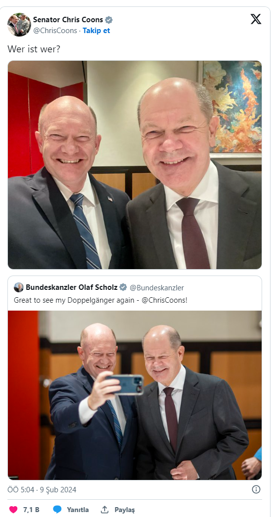Foto - Almanya Başbakanı Olaf Scholz ile Amerikan senatör Chris Coons'un şaşırtan benzerliği