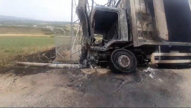 Arı yüzünden devrilen kamyon yandı