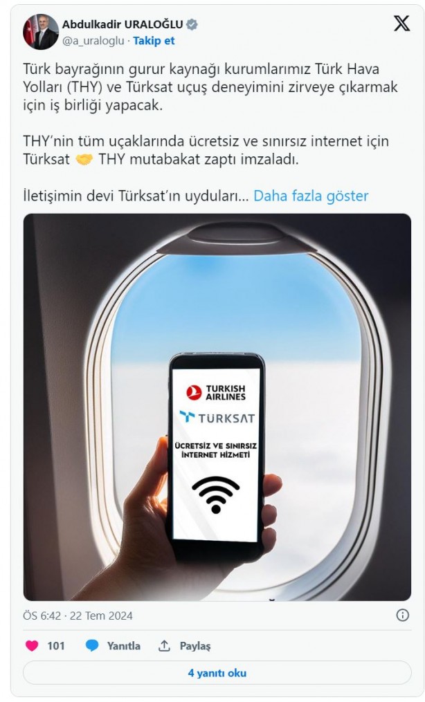 Foto - Bakan Uraloğlu THY müjdesi! Ücretsiz ve sınırsız olacak