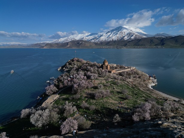 Bayramda oraya akın ettiler! Çiçek açan badem ağaçları Akdamar Adası'nı renklendirdi!