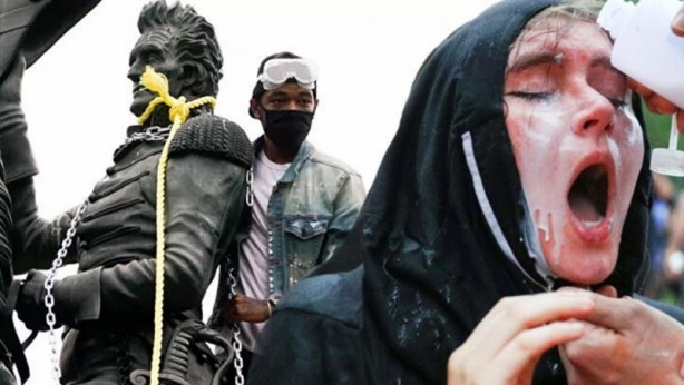 Beyaz Saray'ın önünde inanılmaz anlar! Heykeli zincire vurdular