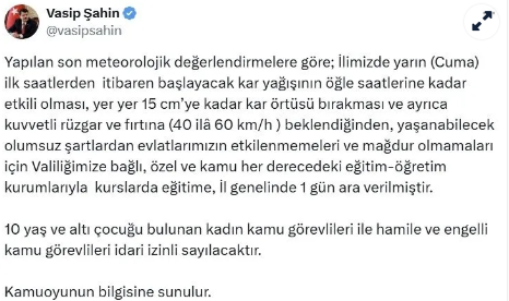 Foto - Bugün o ilimizde okullar tatil mi? Vali Vasip Şahin kararı duyurdu