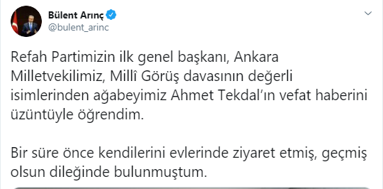 Foto - Bülent Arınç acı haberi duyurdu: Üzüntüyle öğrendim