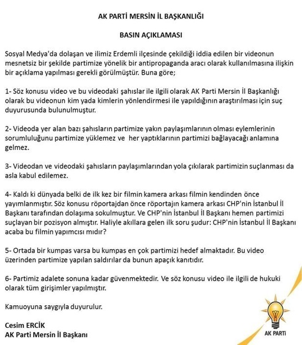 Foto - AK Parti Mersin İl Başkanı avukat Cesim Ercik, Mersin Erdemli ilçesinde çekilen kurgu görüntüler hakkında açıklamada bulundu. 