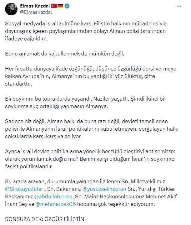 Foto - Filistin'e destek verdi, Alman polisi ifadeye çağırdı! "Almanya ikinci bir soykırıma suç ortaklığı yapmasın"