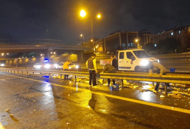 Foto - Gaziosmanpaşa TEM Otoyolu'nda balık yüklü kamyonet devrildi