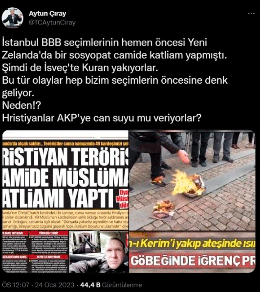 Foto - İYİ Partili Aytun Çıray'ın akıl tutulması: Yeni Zelanda'daki cami katliamını ve İsveç'te Kur'an yakılmasını AK Parti'ye bağladı.