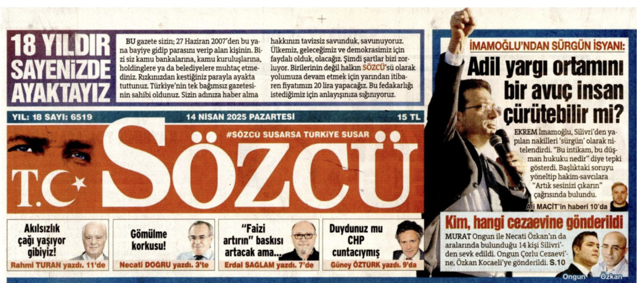 Foto - Kaça kiraladınız logo yanını Sözcü? Sözcü’de İmamoğlu köşesi 