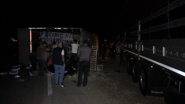 Foto - Şeftali yüklü kamyon devrildi:1 yaralı