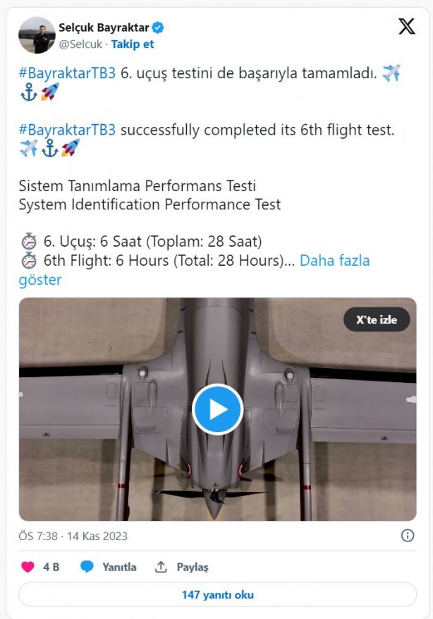 Foto - Selçuk Bayraktar'dan yeni TB3 açıklaması! Verileri paylaşarak duyurdu