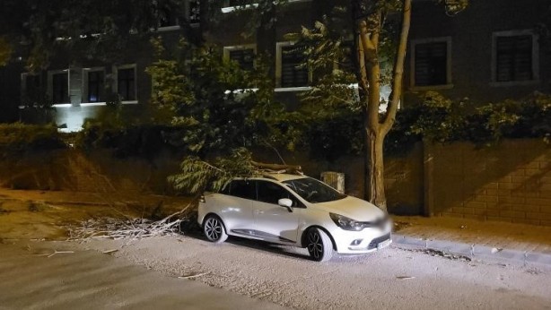 Şiddetli rüzgardan kırılan ağaç dalı aracın üzerine düştü