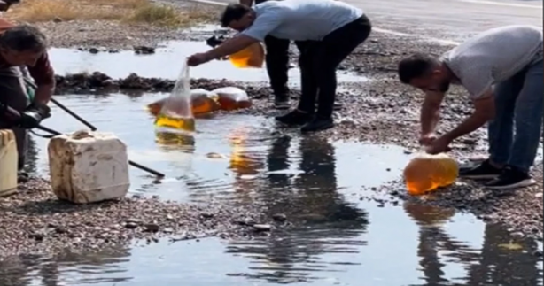 Şırnak'taki otobandan resmen petrol fışkırdı! Halk şişelere, poşetlere doldurup doldurup gitti