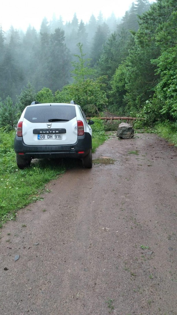 Foto - Tehlike dolu anlar! Yamaçtan kopan dev kaya parçası önüne çıkan her şeyi yıkıp geçti