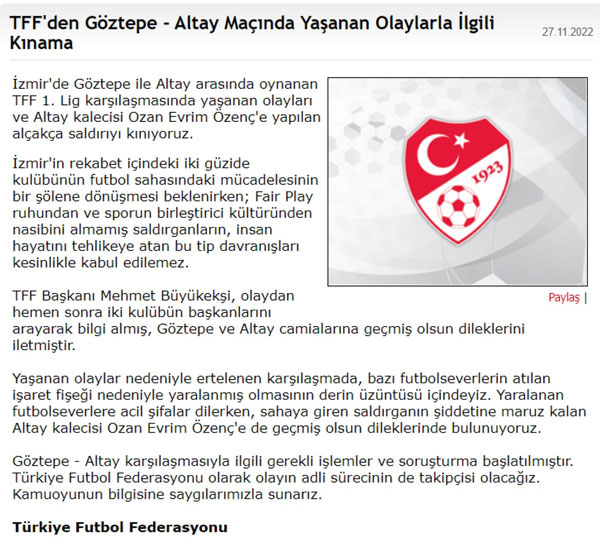 Foto - TFF'den Göztepe - Altay maçı açıklaması