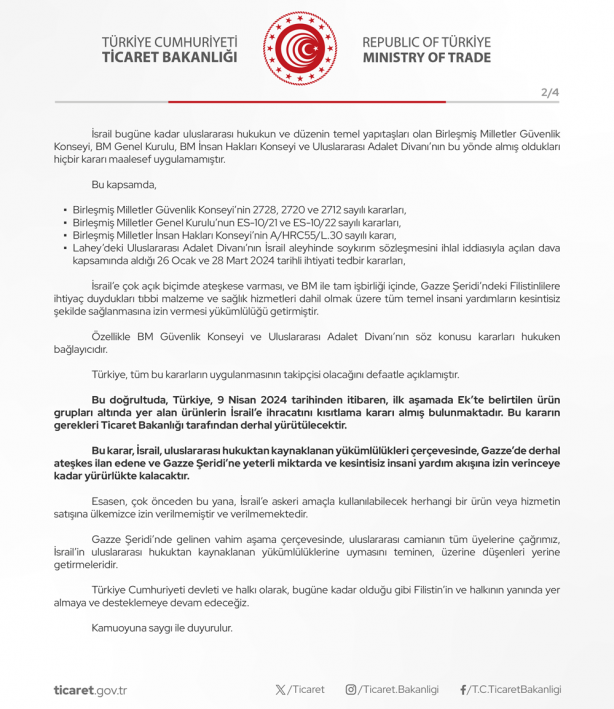 Foto - Ticaret Bakanlığı'ndan son dakika! 54 ürün grubunun İsrail'e ihracı yasaklandı