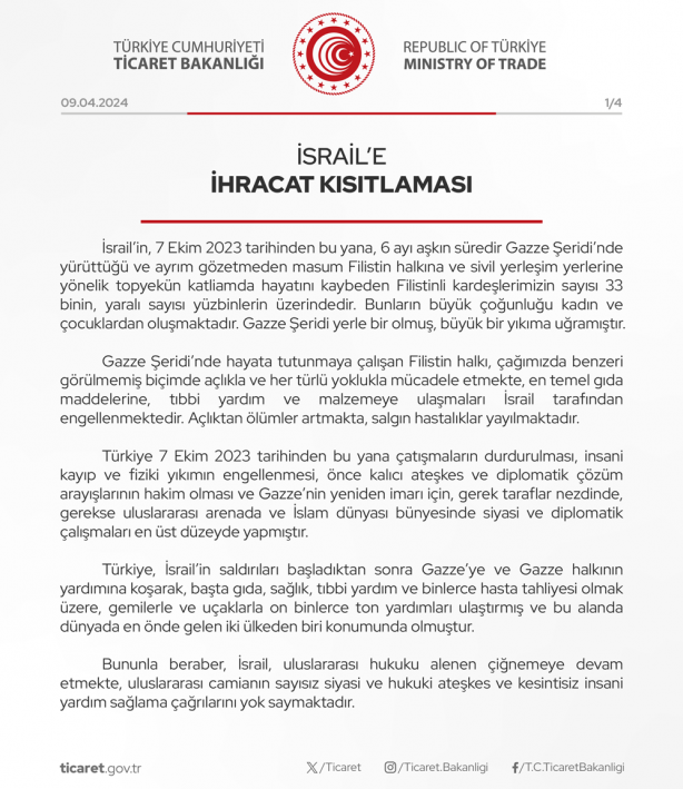 Ticaret Bakanlığı'ndan son dakika! 54 ürün grubunun İsrail'e ihracı yasaklandı