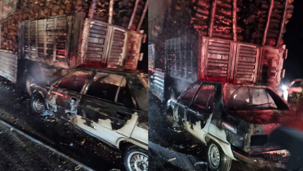 Tıra çarpan otomobil alev alev yandı