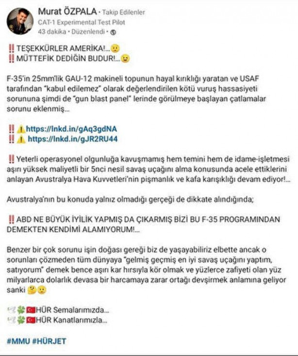 Foto - Türk pilottan ezber bozan F-35 yorumu: ABD Türkiye'yi iyi ki F-35 programından çıkarmış
