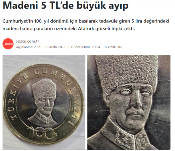 Foto - Yok böyle sahtekarlık! Sözcü gazetesi 5 lira üzerindeki Atatürk rölyefi ile oynayıp dezenformasyon yapmış