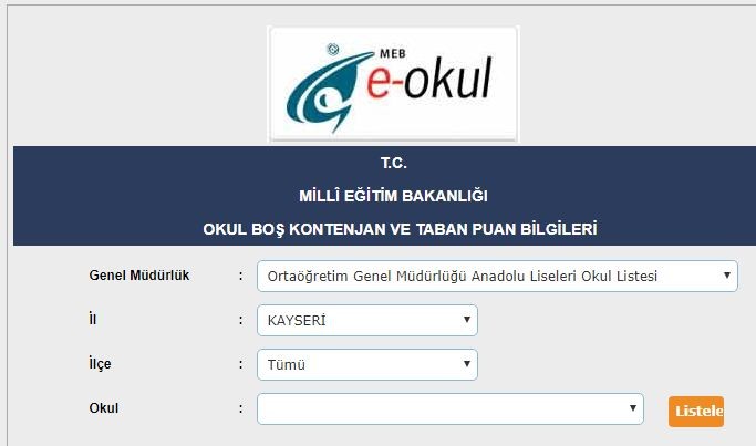 kayseri anadolu liseleri kontenjanlari ve yuzdelik dilimleri meb e okul