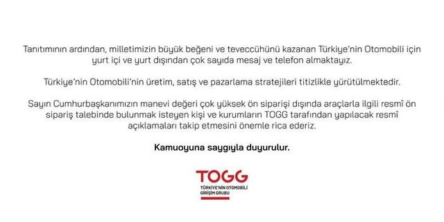 togg ön sipariş açıklaması
